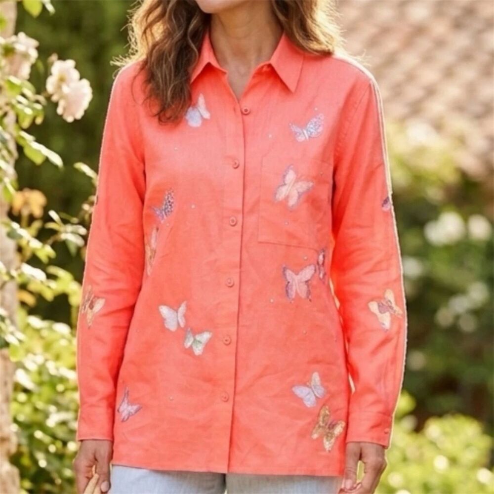 Quacker Factory Button shirt Womens M linen Coral Bling Butterflies lagenlook